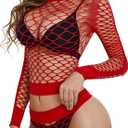 RSLOVE Women Sexy Mesh Lingerie Fishnet Babydoll Free Size Bodysuit See Through Shirts Long Sleeve (Red)