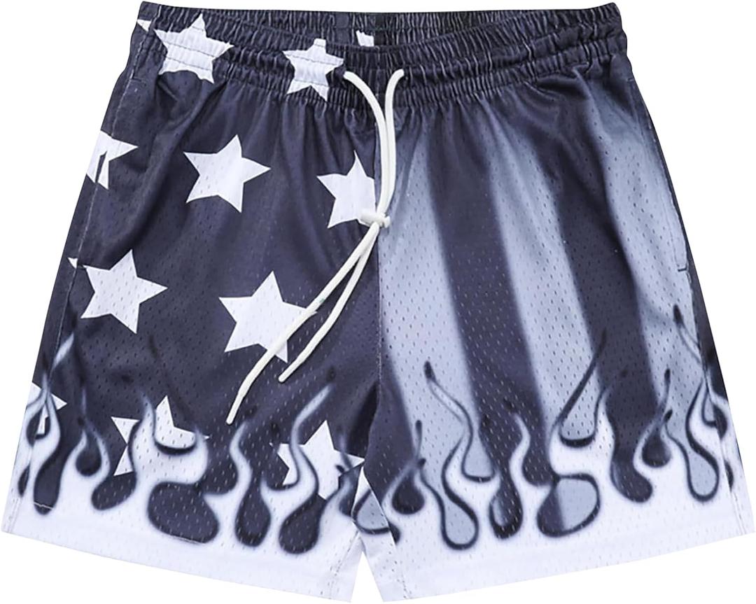 Mens Drawstring Shorts Graphic Print Casual Workout Athletic Basketball Running Shorts(Black Gray, Large)