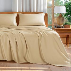 Shilucheng 100% Cotton Queen Size Sheets Set - 600 Thread CountLuxury Egyptian Cotton Bed Sheets5-Star Hotel Quality Sheets, Breathable & Cooling, 16 Inch Deep Pocket - 4 Piece (Beige, Queen)