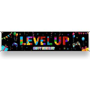 Video Game Happy Birthday Banner - Level Up Gaming Yard Sign Backdrop for Birthday Party Supplies - Photo Props Background