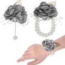 M METERXITY 1-Set Wrist Corsage and Boutonnieres Set, Artificial Rose Flower Wrist and Men Corsage for Wedding/Party/Prom, Flower Wrist Corsage Set [Light Gray]