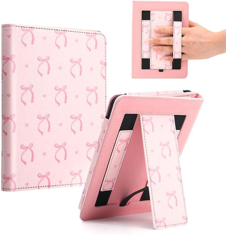 Pink Bow Case for 7" Kindle Paperwhite 2024 12th Generation/6.8" Paperwhite 11th Gen,Hand Strap Stand Cover Sleeve for Kindle Colorsoft Signature Edtion,2025 Cute Coquette Ereader Ebook Gifts
