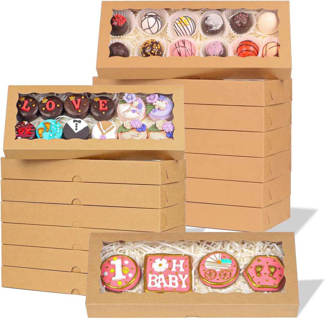 24pcs 12x5x1.5 Inch Borwn Cookies Boxes. with Window Bakery Boxes Macaron Boxes Chocolate Truffle Boxes Donut Treat Boxes Cakesickle Boxes for Christmas Valentine's Easter Mother's Day (Brown)