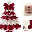 DIY Crochet Christmas Tree Kit  Handmade Holiday Decoration Set,Parent-child activities craft kit,Tree Bow Pearl Embellishment,Cross-stitch by hand,Festive decorations (Multicolour) (Red & White)