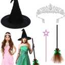 4Pcs Witch Princess Costume Accessories Include Princess Crown Wand and Witch Hat Broom for Movie Halloween Wizard Outfits Props