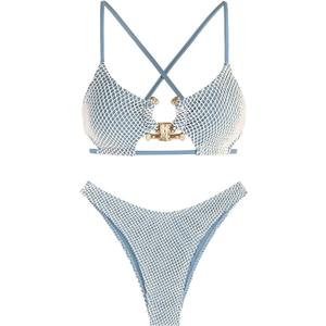 ZAFUL Women's Sexy Cutout Bikini Set High Cut Textured Metal Ring Cheeky Swimsuit Two Piece Bathing Suit (Large, Blue-315)