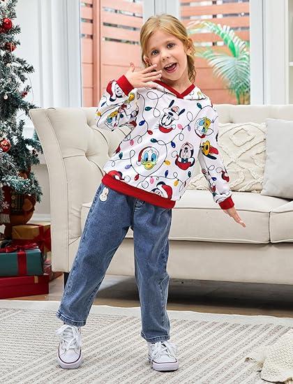 Disney Mickey and Friends Family Matching Christmas Hooded Sweatshirt Casual Mickey Snow Pattern Long Sleeve Pullover Hoodies, 6-7yrs, Red and White