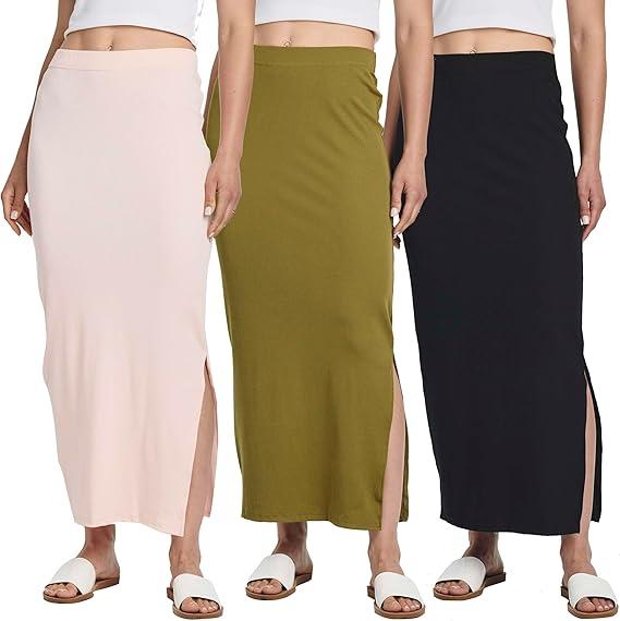 3 Pack: Women's Ribbed High Waisted Maxi Skirt with Side Slit - Casual Long Pencil Skirt, Size: Small