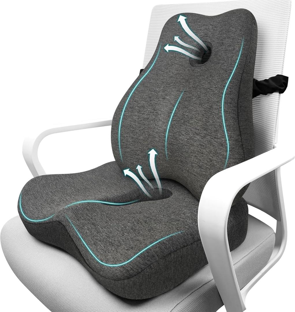 JIPORIER Seat Cushion & Lumbar Support Pillow Set for Office Chair, Ergonomic Pillow for Sciatica Pain Relief, Memory Foam Back Support Pillow & Chair Cushion for Car seat, Desk Chair (Black)