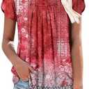 Angerella Women Tunic Tops Dressy Casual Summer Short Sleeve Shirts Floral Loose Fit Pleated Boho Top, Size M, Red