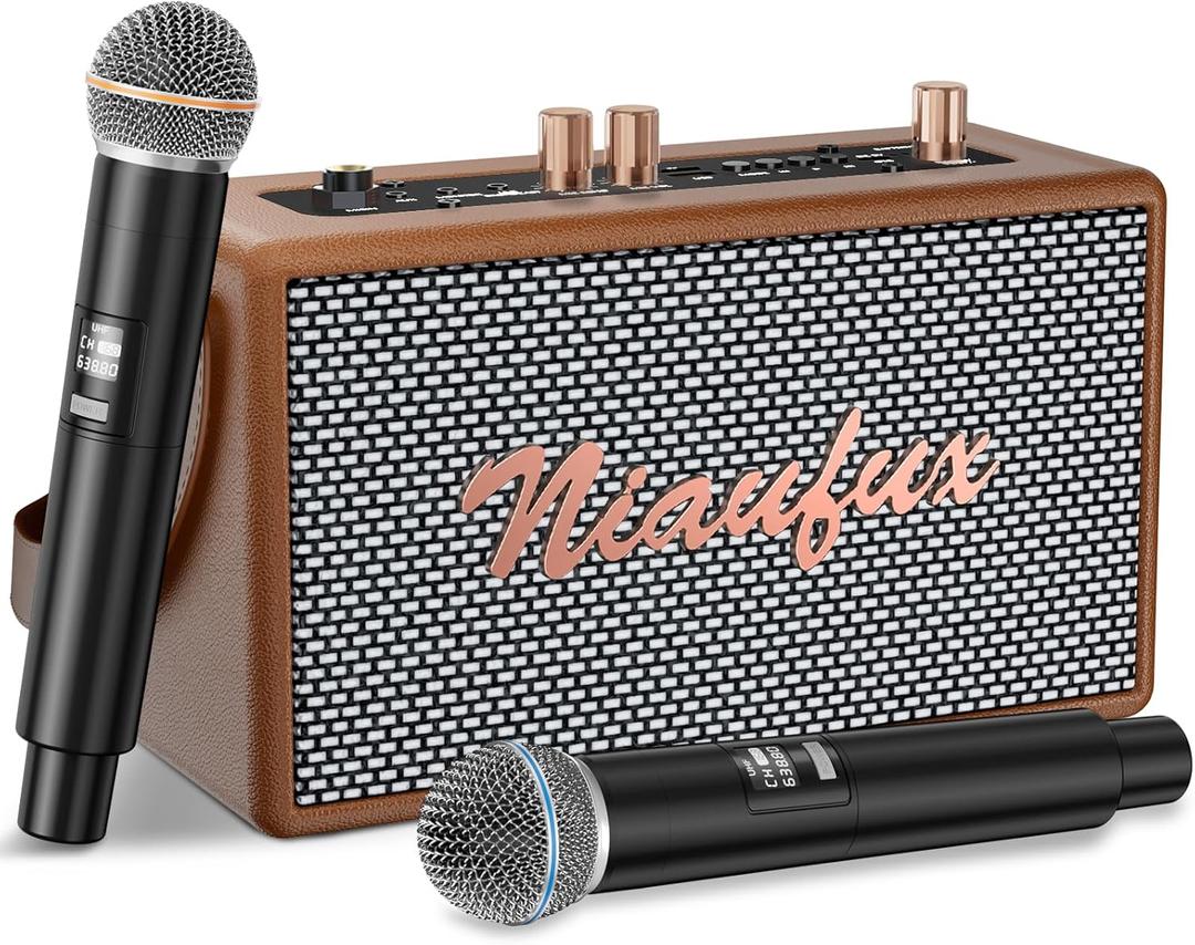 Karaoke Machine, Retro-Design Speaker with 2 Wireless Microphones for Adults & Kids, Portable Karaoke System for Home Party, Bluetooth/AUX/USB/TF/TWS Support, Gifts for Women & Girls - Brown