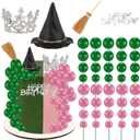 44 Pieces Pink and Green Cake Decorations with Mini Black Witch Hat, Silver Crown, Broom, Balloons, Happy Birthday Cake Topper for Girls Women Princess Witch Birthday Party Decorations Supplies