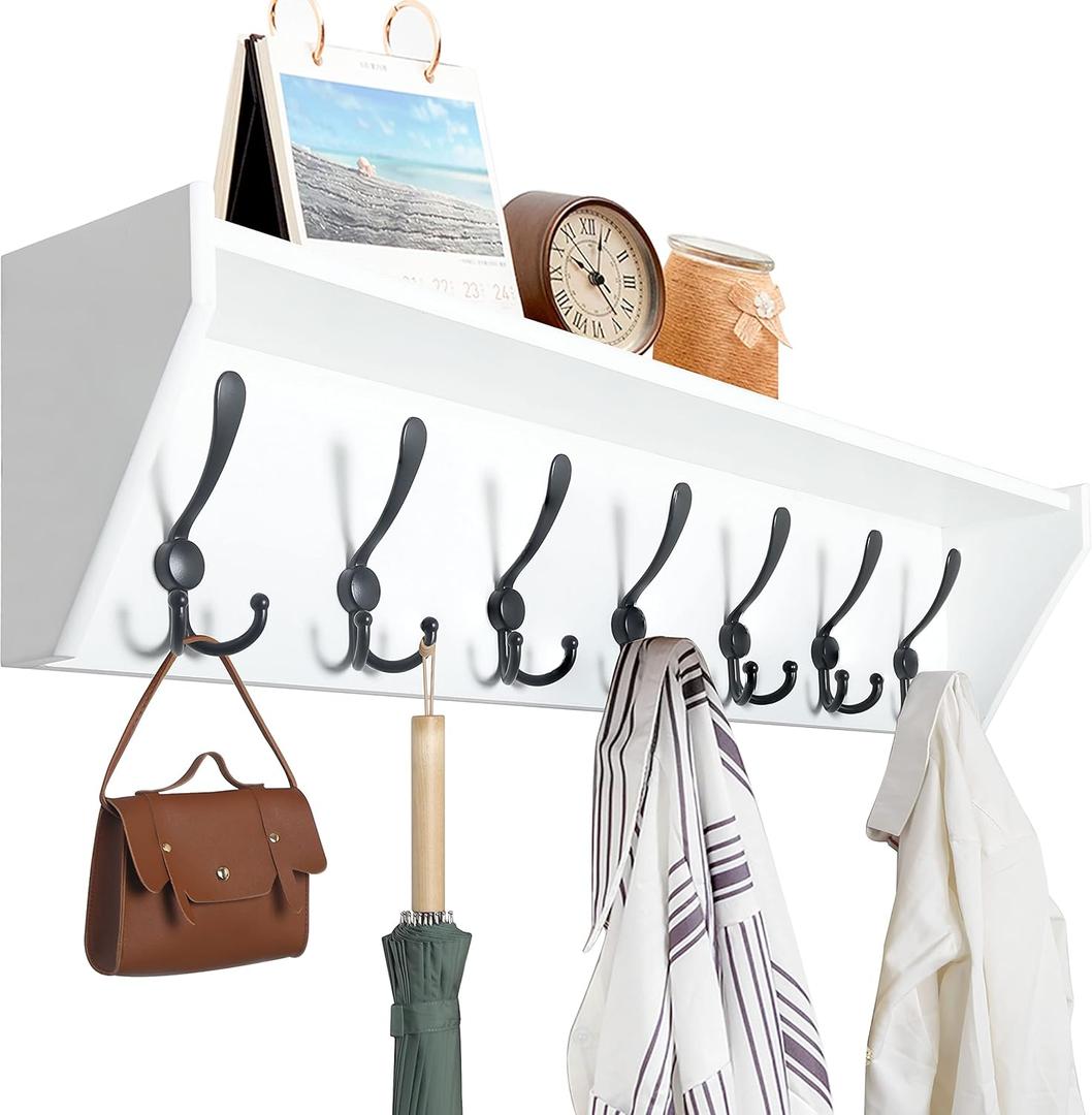 WEBI Coat Rack Wall Mount with Shelf,35" Long White Shelf with Hooks Underneath,7 Triple Hooks,Key Rack for Wall,Entryway Shelves for Wall