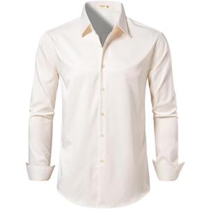 Men's Dress Shirts Formal Slim Fit Stretch Long Sleeve Button Down Shirt for Men Wrinkle Free Collar Business Shirts (L)