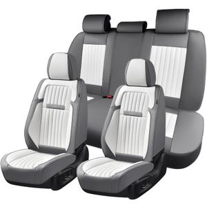 Coverado Car Seat Covers Full Set, Seat Covers for Cars, Car Seat Cover, Car Seat Protector, Leather Car Seat Cushion, Waterproof Car Seat Covers Front Seats and Back Fit for Most Cars(Gray&White)
