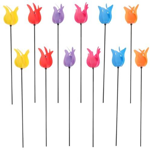 Abaodam 12Pcs Tulip Shaped Decorative Windmills Outdoor Colorful Pinwheels for Garden Yard Lawn Play Areas and Holiday Party Decor