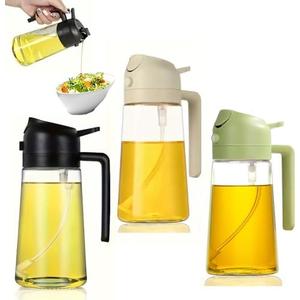 Honimered 2PCS 2 in 1 Oil Sprayer,Oil Dispenser for Kitchen Spray,470ml Olive Bottle,Cooking, Kitchen, Salad, Deep frying, Vinegar, Barbecue Spray Bottle (BLack Beige and Green)