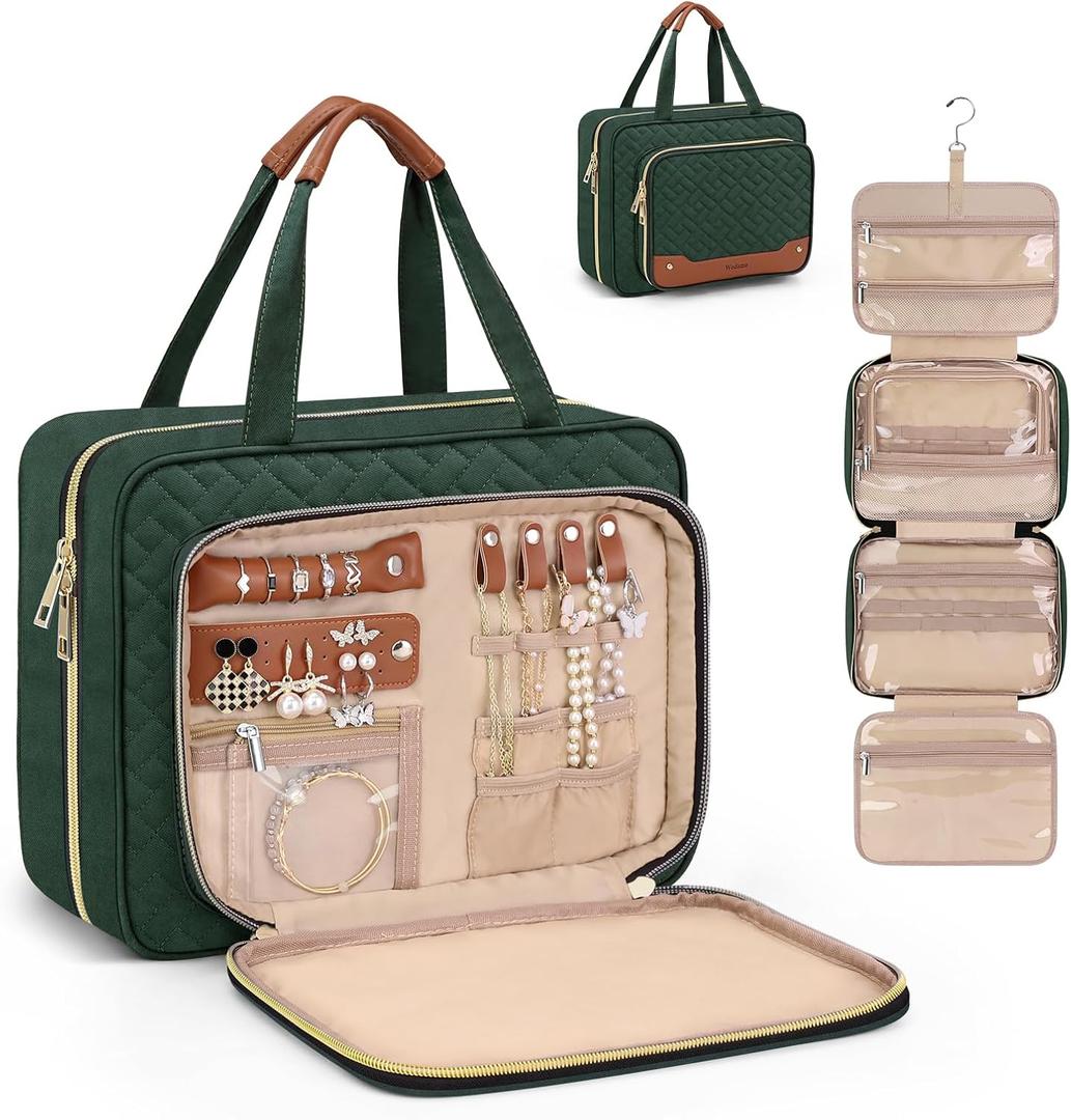 Wedama Toiletry Bag for Women, Hanging Travel Toiletry Bag with Jewelry Organizer Compartment Large Makeup Bag, PVC Waterproof Cosmetic Travel Bag Trips Camping Bathroom, Dark Green