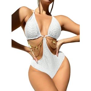 OYOANGLE Women's Chain Linked Cut Out Halter One Piece Swimsuit Tummy Control Bathing Suit (Medium, White)