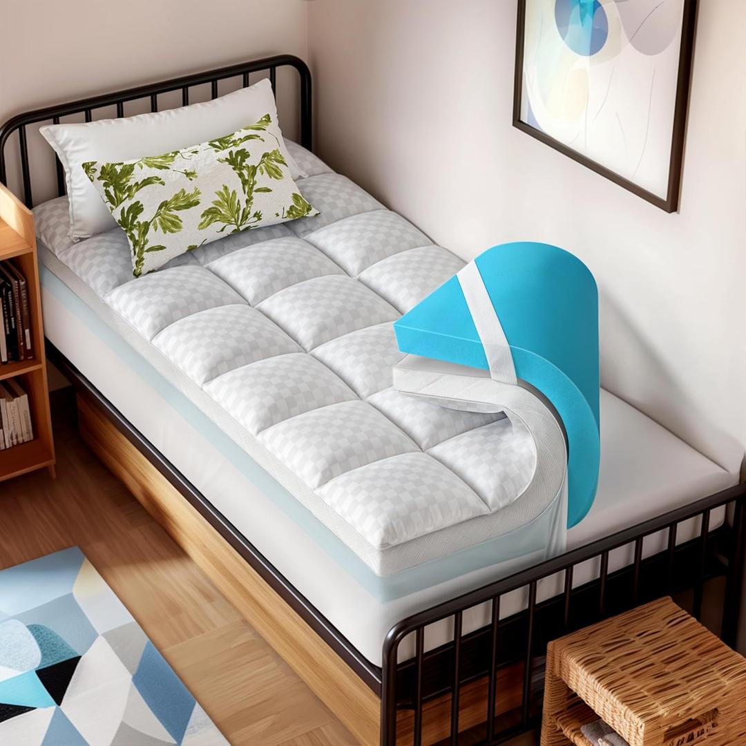 Dual Layer Memory Foam Mattress Topper for Pain Relief with 2X Support, 2" Fluffy Pillow Top Twin Mattress Topper Plus 2" Odor-Free Cooling Gel Memory Foam Ultra Comfort Mattress Pad Cover
