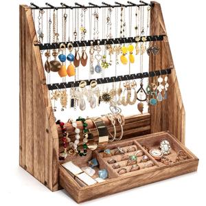 Jewelry Organizer Stand, 5 Layer Earring Holder Organizer with Necklace Holder, Rustic Wood Earring Organizer Display for Stud Earring Bracelet Necklace Ring, Watches