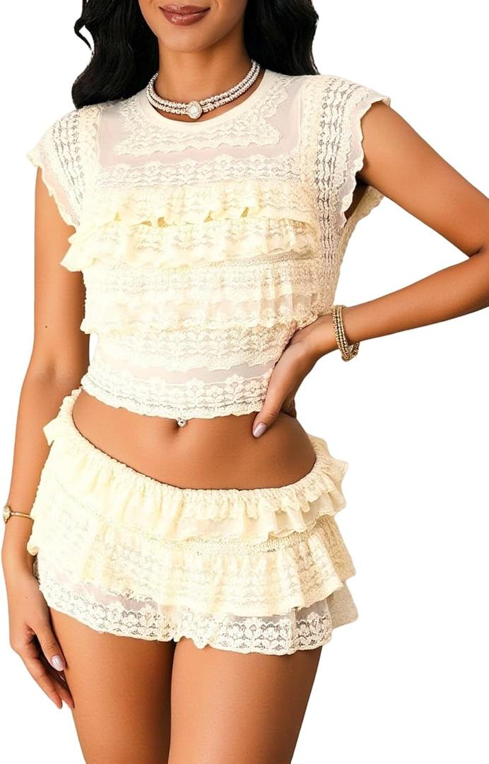 Women's 2 Piece Going Out Outfits Cute Layered Ruffle Crop Top and Mini Skort Y2k Set, Size S