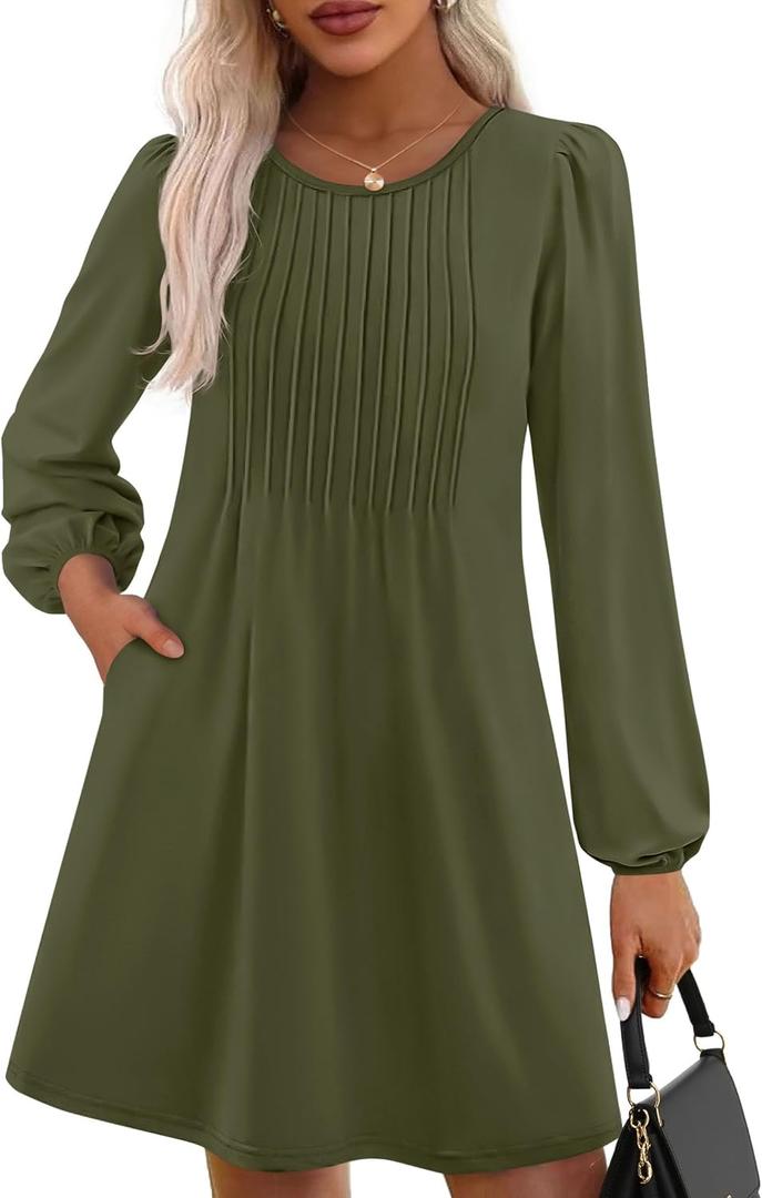 PRETTYGARDEN Fall Dresses for Women 2026 Long Sleeve Mini Short Flowy A Line Casual Holiday Party Tunic Dress Fashion Clothes (Green, L)
