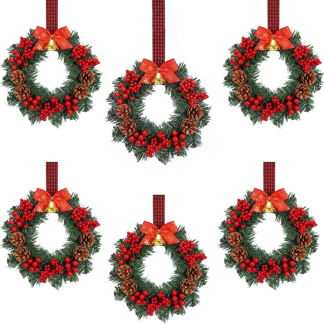 Zeyune 6 Pcs Small Christmas Wreaths for Kitchen Cabinets with Plaid Bow Ribbon Hanging Mini Christmas Cabinet Door Wreaths Decor for Kitchen Window Outdoor Indoor Holiday, 14.96 x 7.87''