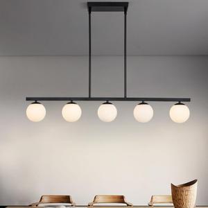 HuisMier 5 Lights Modern Globe Linear Pendant Lighting, Farmhouse Black Chandelier with White Glass Shade, Mid Century Globe Pendant Light Fixture for Dining Room Living Room Kitchen Bedroom