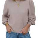 Saodimallsu Womens Puff Long Sleeve Sweaters Fall Crew Neck Cozy Soft Knit Loose Casual Pullover Tops Khaki