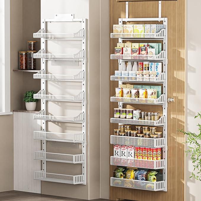 Over the Door Pantry Organizer 8Tier, Large Metal Door Spice Rack with Adjustable Basket, 2 in 1 Wall Mount or Hanging HeavyDuty Pantry Door Storage Shelf for Kitchen and Bathroom, White