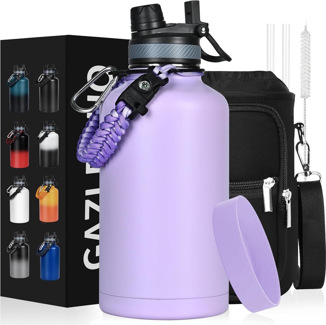 Insulated Water Bottle 64 oz, Half Gallon Water Jug Cold 48H, BPA Free Stainless Steel Bottles with Straw/Chug 2-in-1 Lid, Bag, Paracord Handle, Silicone Boot, Sports Gym School Metal Flask (Purple)