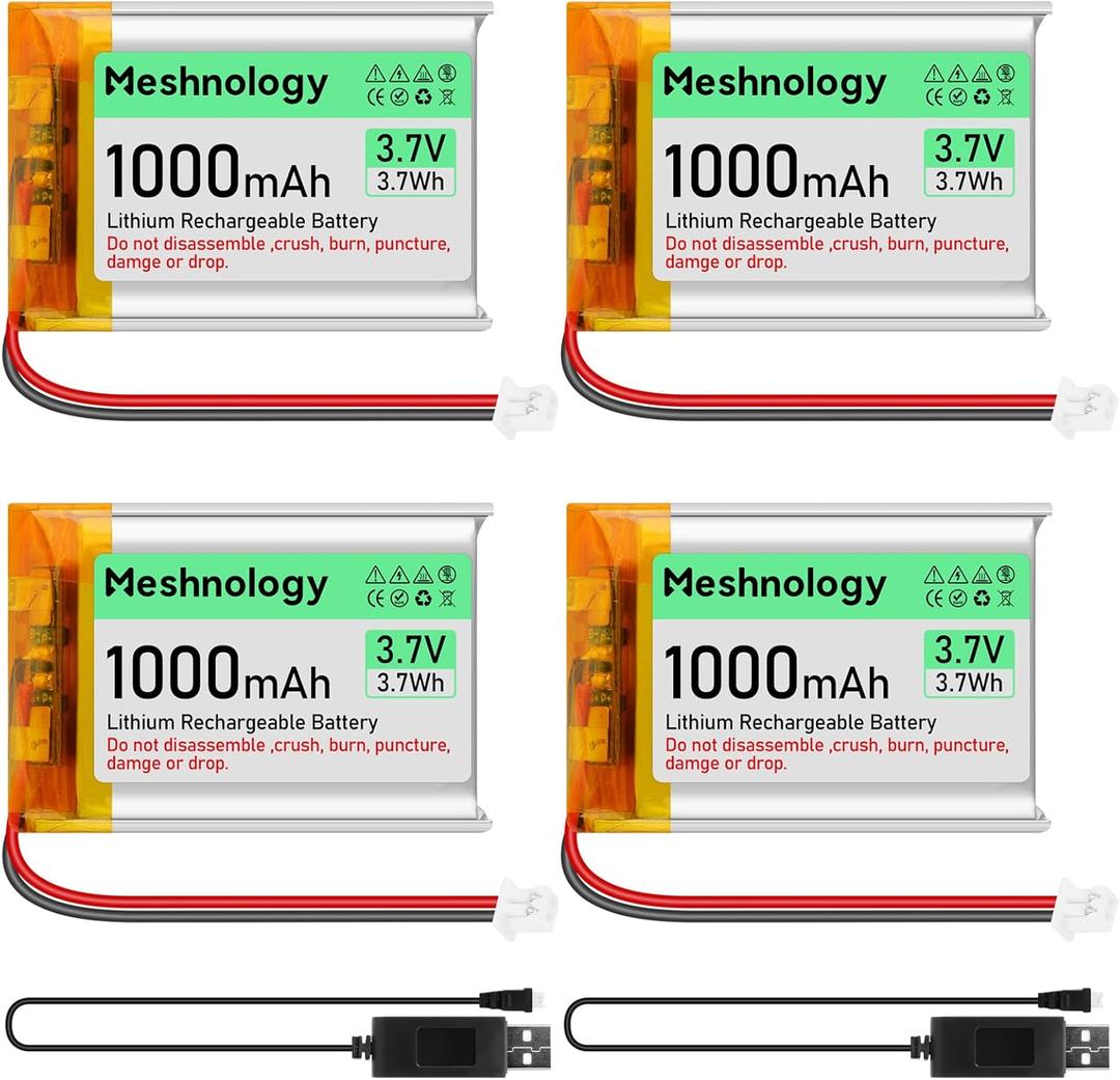 3.7V Lipo Battery 1000mAh 803040 Rechargeable Lithium Polymer Battery with USB Charger Cable Micro Ph1.25 Connector Integrated Protection Circuit for Electronic Device (4 Pack)