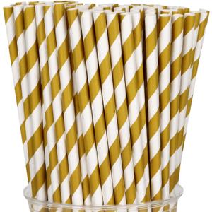 100 Packs Brown Biodegradable Striped Paper Straws, Disposable Drinking Straws for Birthday Carnival Summer Pool Party Wedding Baby Shower Halloween Christmas Party Decoration Supplies