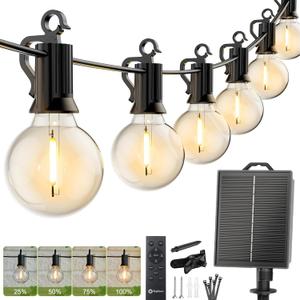 Brightown Solar String Lights Outdoor Waterproof with Remote Cable Ties and Hooks, 37FT Patio Lights with 10 LED Shatterproof Bulbs, 3 Light Modes, Dimmable Hanging Lights for Backyard Party Decor