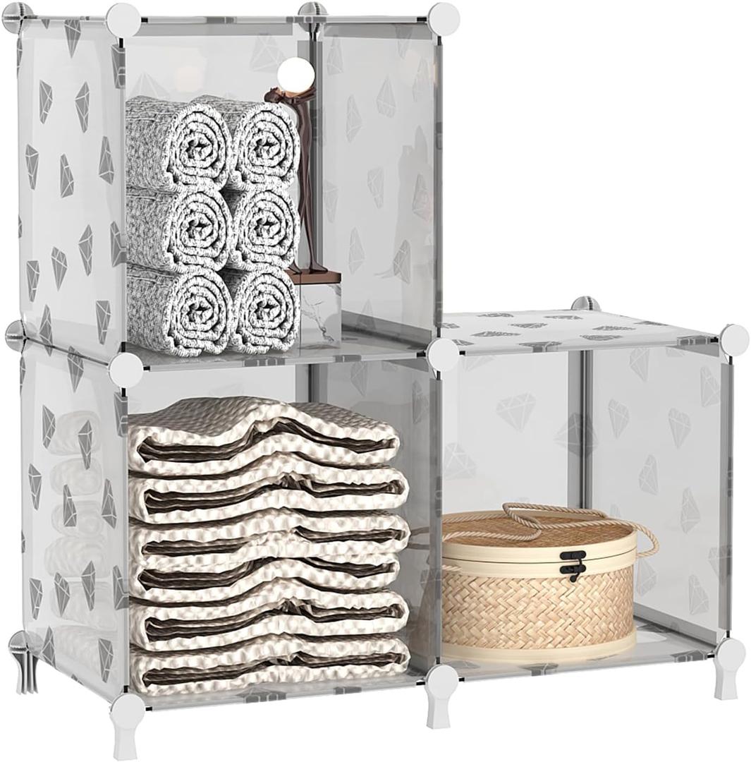 UNKU Cube Storage Organizer, 3 Cube Closet Organizer Storage Shelves, DIY Stackable Bookcase, Clothes Organizer Shelf for Closet, Bedroom, Living Room, Cabinet, Home, Office, Translucent (Clear)