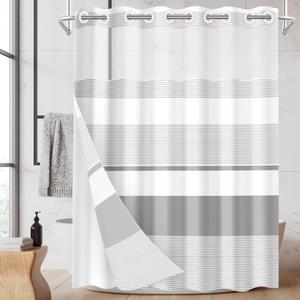 No Hook Grey Shower Curtain with Snap in Fabric Liner Set, Boho Striped Modern Double Layers Waterproof Fabric with See Through Top Window Open Grommet Bath Curtain 71x74 Inch
