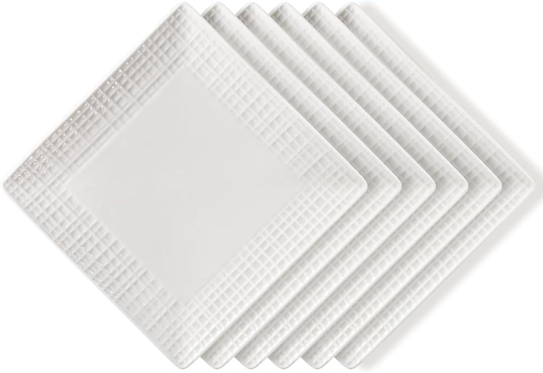 Square Dinner Plates, Set of 6, 6 Inch White Ceramic, Embossed Crisscross, Safe for Dishwasher, Microwave and Oven