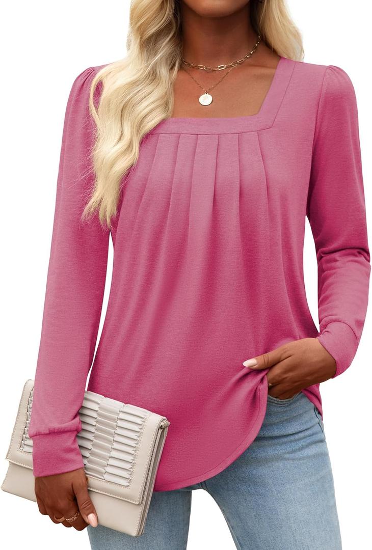 Funlingo Women's Puff Long Sleeve Tops Dressy Casual Square Neck Pleated Work Blouse Fall Trendy Tunic Flowy Chiffon Shirts (S)