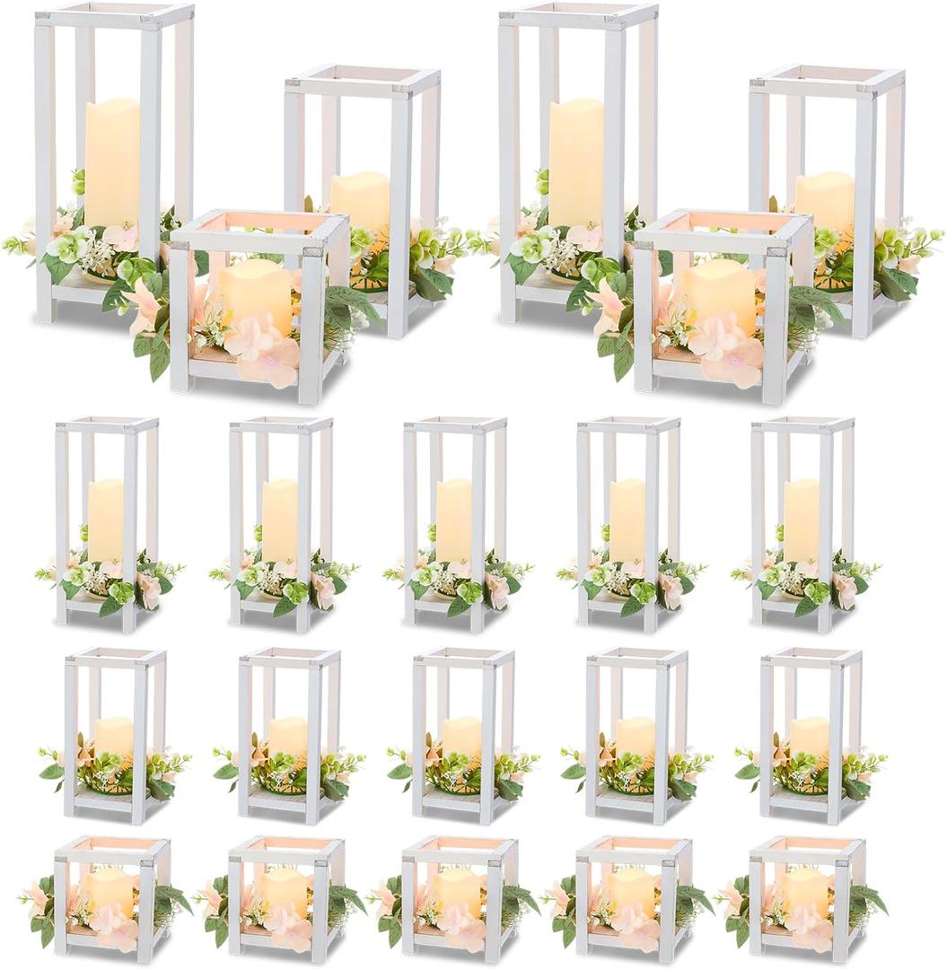 Hushee 15 Set 45 Pcs Wooden Wedding Lantern Centerpiece Wooden Candle Lantern Set Rustic Holder for Wedding Table Decoration Farmhouse for Christmas Party(White)