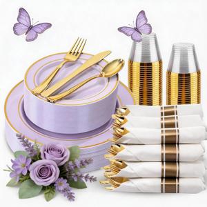 WDF Partyware 175PCS Purple Plates Disposable - Lavender Plastic Plates 25Guests Plastic Dinnerware with Rolled Napkins for Birthday/Spring/Baby Shower/Mother's Day