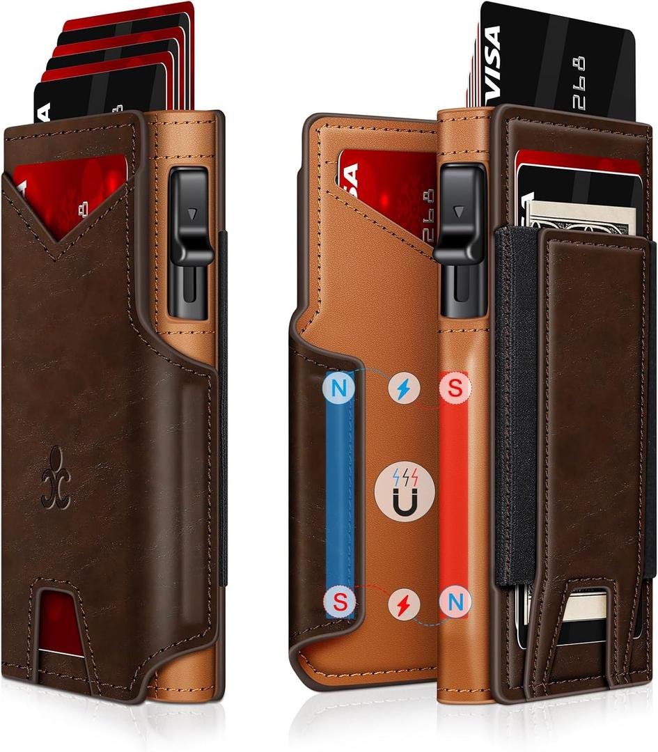 Wallet for Men Wallet with Slim Pop Up Card Holder 9-13 Cards, Bifold Minimalist Smart Wallet RFID Blocking Credit Card Holder with ID Window & Stretchable Cash Slot Compact Metal Aluminum Card Case (Coffee + Brown)