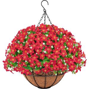 Artificial Hanging Plants Flowers with Basket for Spring Summer Outdoor Decoration, Fake Flowers UV Resistant with Hanging Planter for Front Porch Patio Garden Yard Home Decor, Red