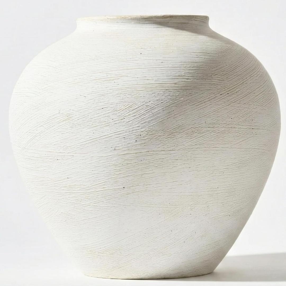 Large White Vase for Centerpieces - 11" Wide Textured Stone Look
