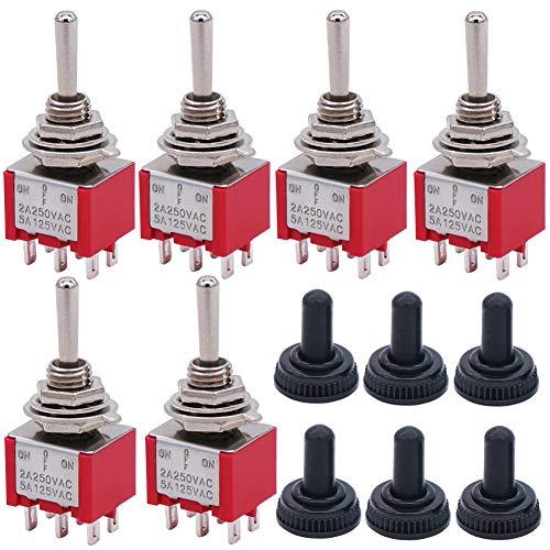 Twidec/6Pcs Mini Momentary Toggle Switch DPDT 3 Position 6 Pins (0N)-Off-(ON) Miniature Toggle Switch AC 5A/125V 2A/250V Car Boat Switches with Waterproof Cap MTS-223-MZ
