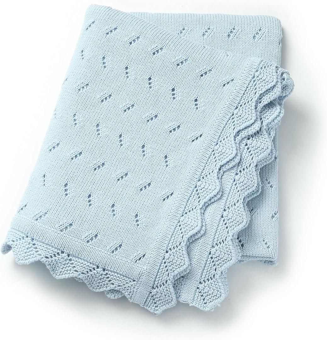 Baby Blanket 100% Cotton Knit Swaddle Soft Newborn Receiving Blanket Cozy for Boy/Girl Crib,Stroller Blue 40x30in