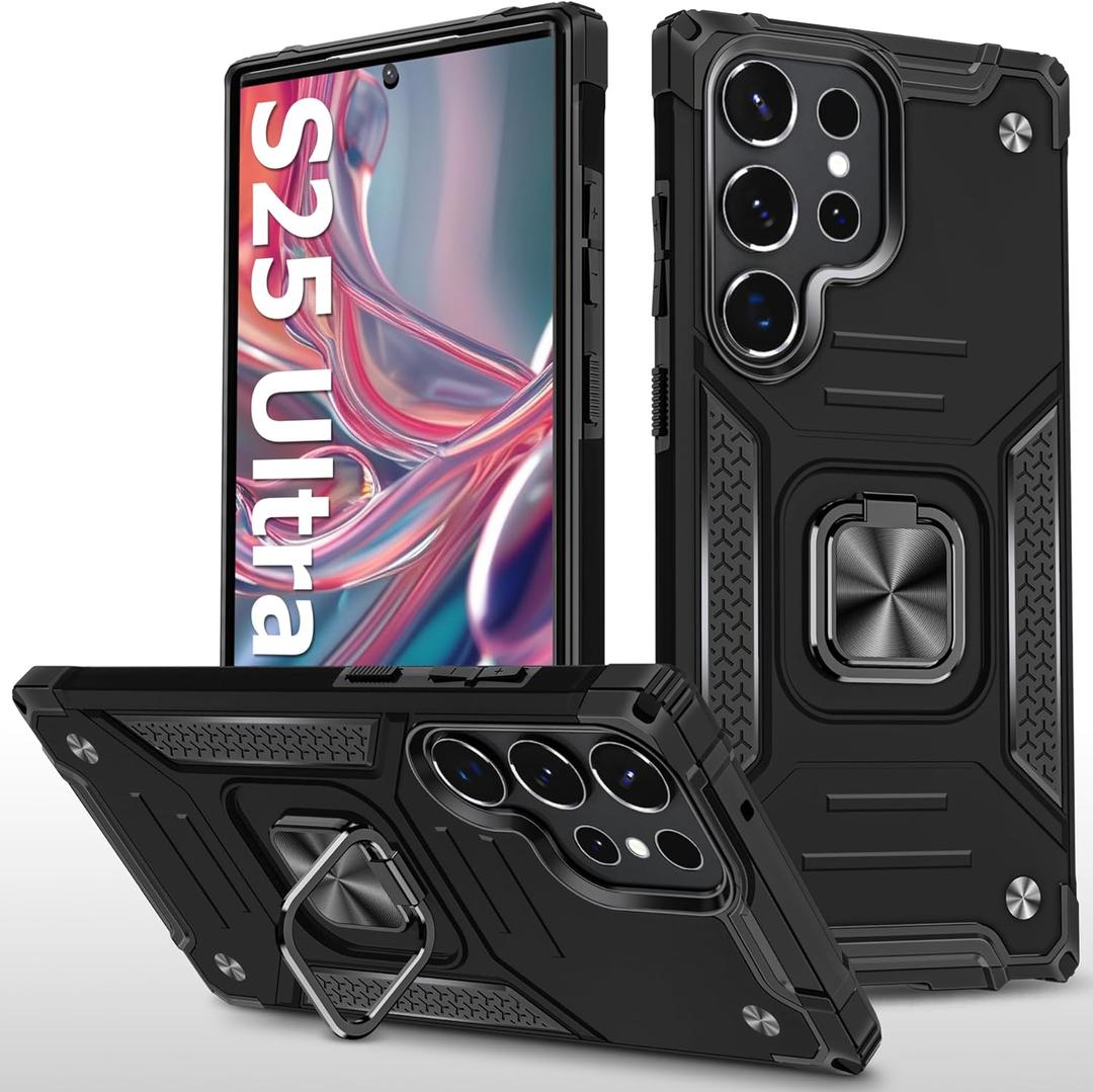 for Samsung Galaxy S25 Ultra 5G Case Rugged Military Grade Heavy Duty Armor Shockproof S25 Ultra Phone Case with 360 Metal Ring Kickstand Mount Magnetic Cover for Samsung Galaxy S25 Ultra (Black)
