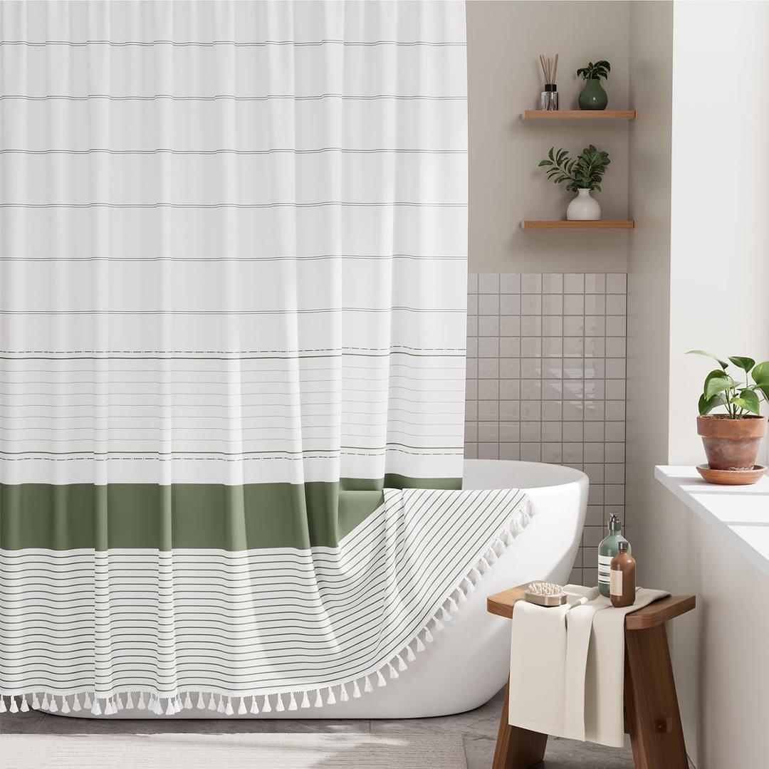 AmazerBath Boho Shower Curtain Set, Rustic Faux Linen Sage Green Striped Shower Curtain with Hooks, Modern Farmhouse Shower Curtain with Tassels, White Base Toned, 72x72 Inches
