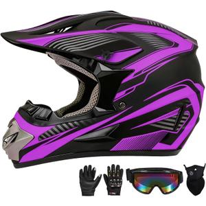 Motocross Helmet,Youth & Kids ATV Dirt Bike Motorcycle, BMX 4-Wheeler Off-Road Mountain Bike Helmet,DOT Certified,W/Gloves Goggles Mask 4-Piece Set (Purple, Medium)