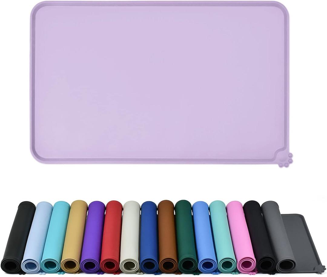 Waterproof Pet Feeding Mat with High Raised Edges, Heavier and Thicker Placemats for Cat Dog Water Bowl with BPA Free, Dogs Cats Food Mats for Messy Drinkers to Prevent Spill and Protect Floors (22" x 14", Hibiscus Purple)